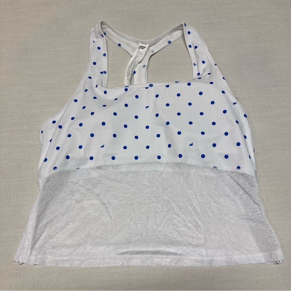 FABLETICS | Ryan Midi Logo Racerback Sports Bra in White and Blue Dot